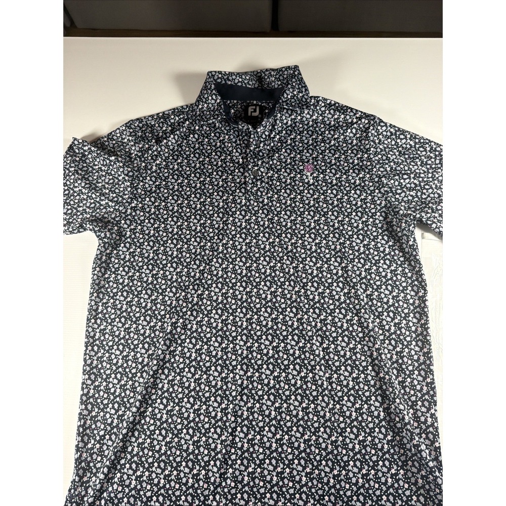 FootJoy Golf Polo Shirt Floral Navy Blue Flowers Short Sleeve M Excellent Logo